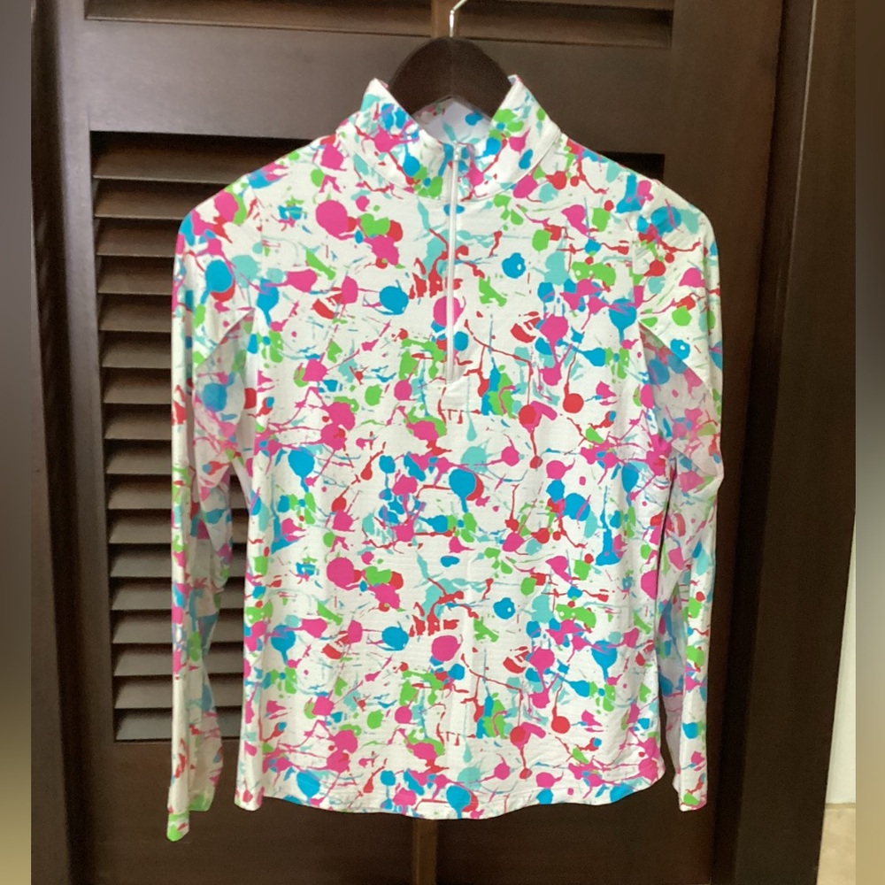 IBKUL White Long-Sleeve Splash Print Zip Mock Neck Jacket